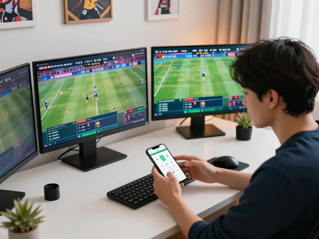 Tỷ lệ kèo nhà cái 5 displayed on smartphone in an engaging sports betting setup, exuding excitement and strategy.