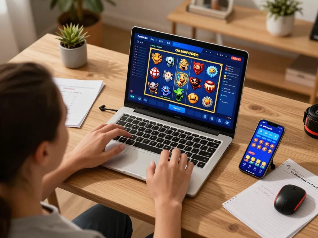 Engaging gameplay on OLYMPUS88's mobile slot interface with a focused player in a cozy setting.