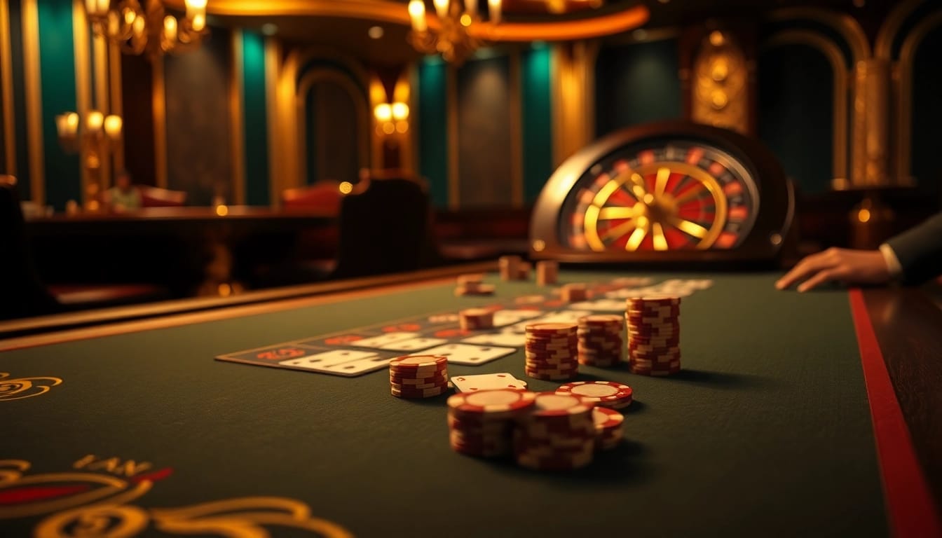 Exciting gameplay at keonhacai5 with poker chips and cards in a luxurious casino environment.