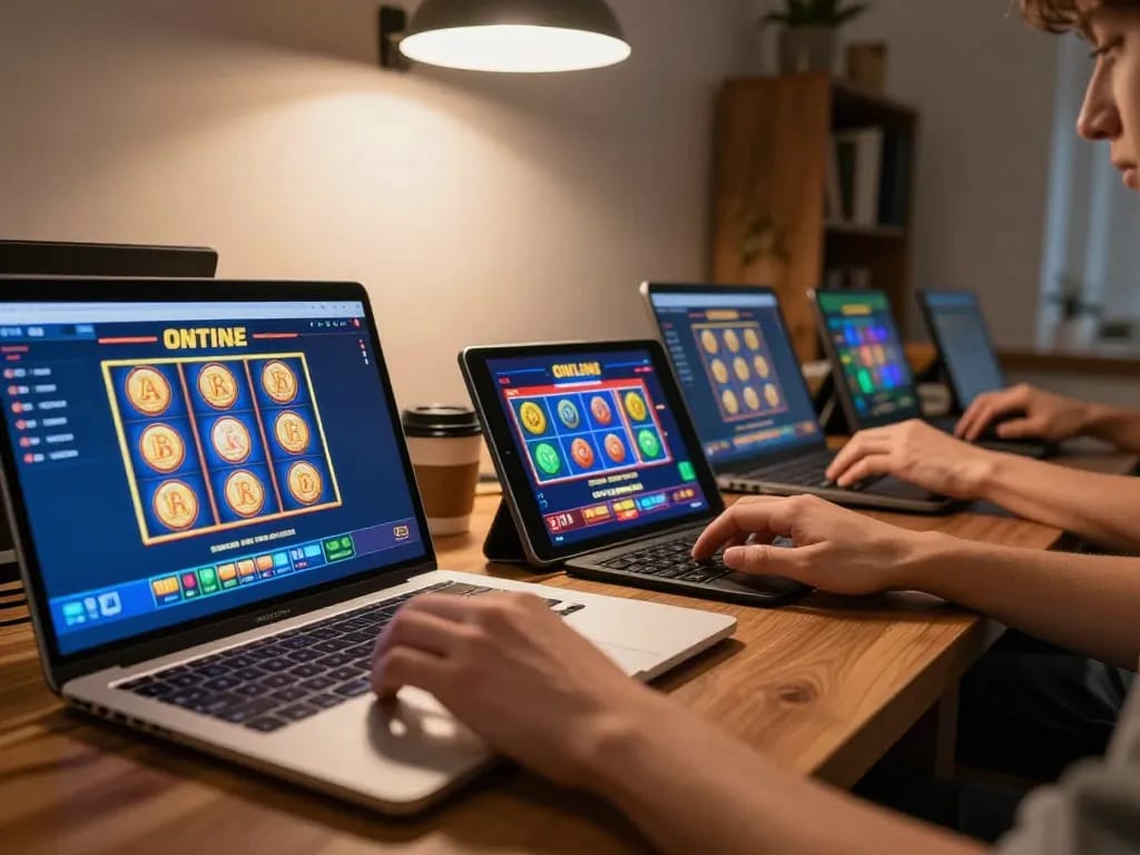 Engaged player enjoys Slot Online gaming on multiple devices in a cozy home setting.