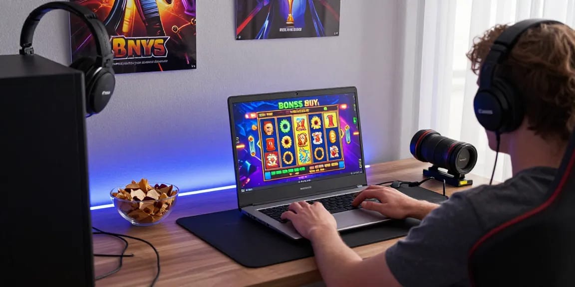 Engaged player enjoying bonus buy slots on a laptop with vibrant game visuals in a cozy gaming setup.