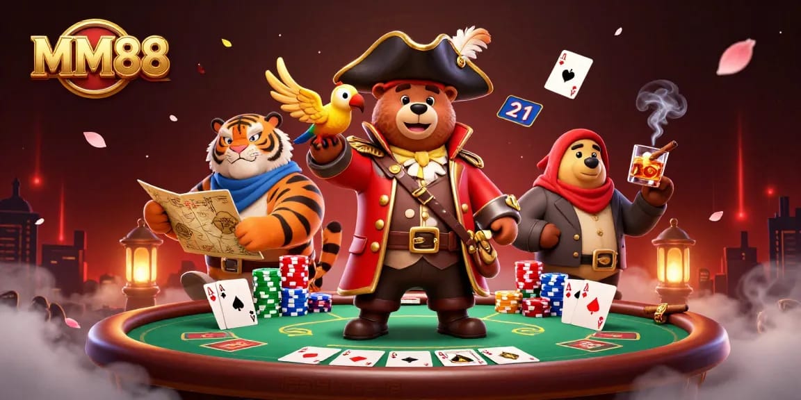 Experience thrilling poker action with MM88 featuring a pirate captain and his crew.