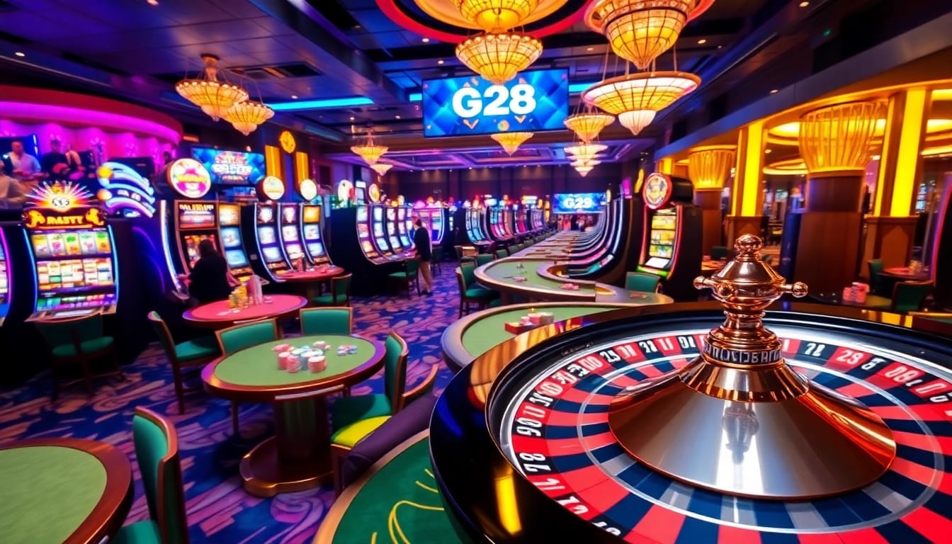 Engaging players at a vibrant casino showcasing the G28 logo amidst lively gaming.