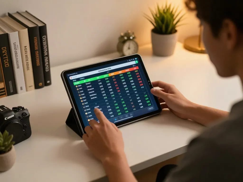 Engaging in live kèo nhà cái betting analysis on tablet in cozy home workspace