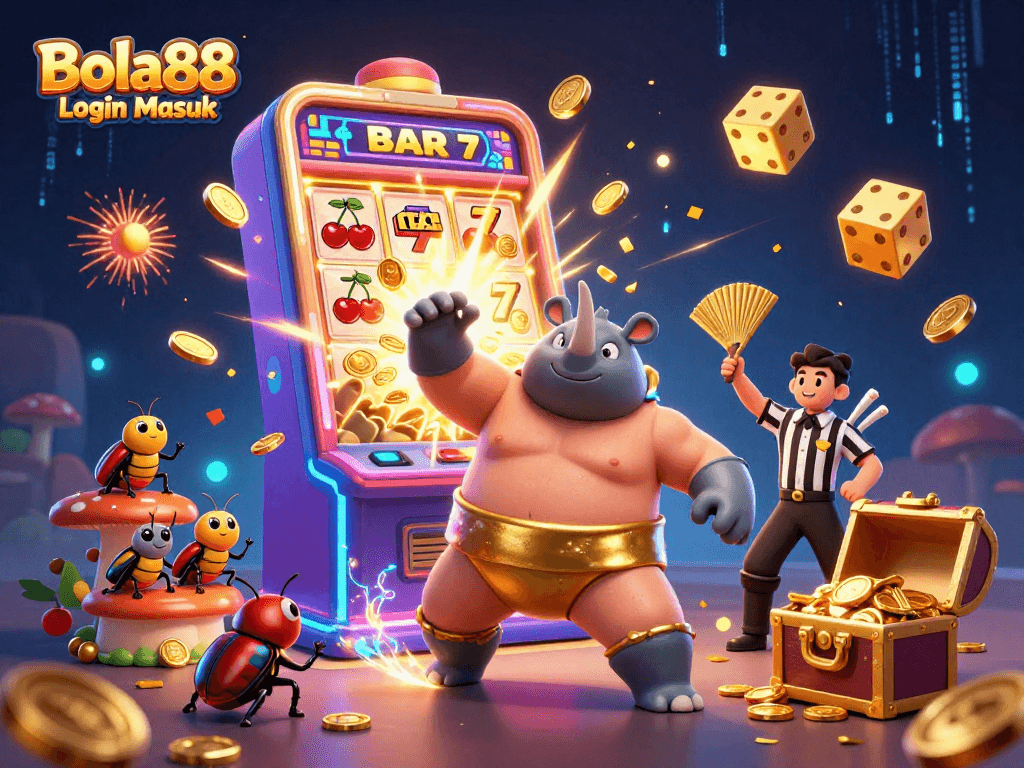 Bola88 Login Masuk features an epic scene with a sumo beetle champion amidst jackpot fun in a vibrant casino.