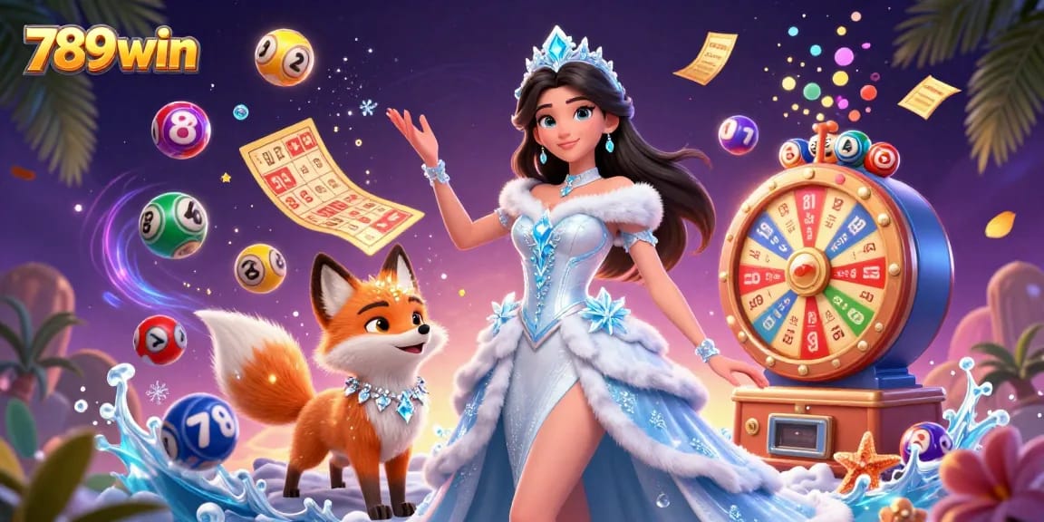 Engage with 789win's electrifying 3D casino scene filled with dynamic lottery elements and vibrant characters.