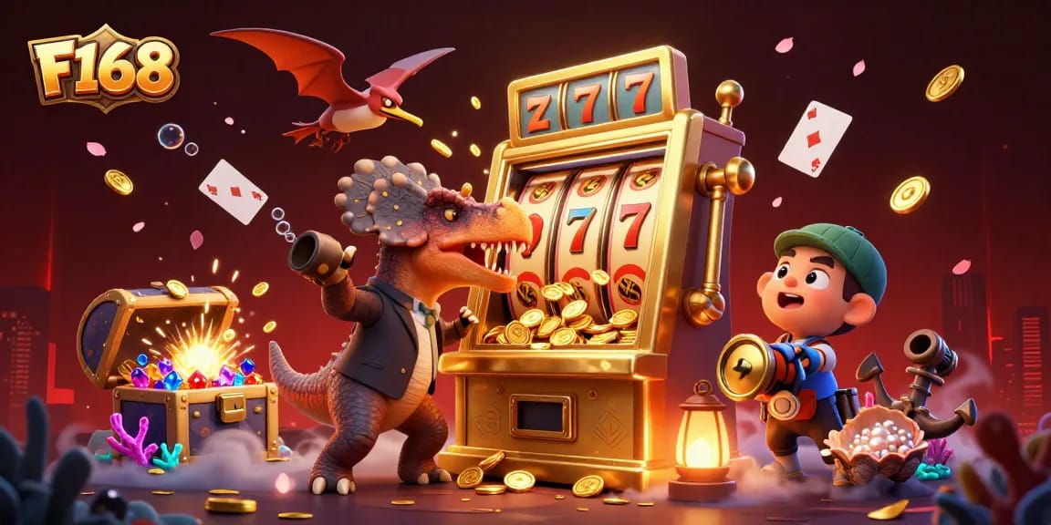 F168 jackpot celebration with a pachycephalosaurus and casino manager amidst vibrant gold coin excitement.