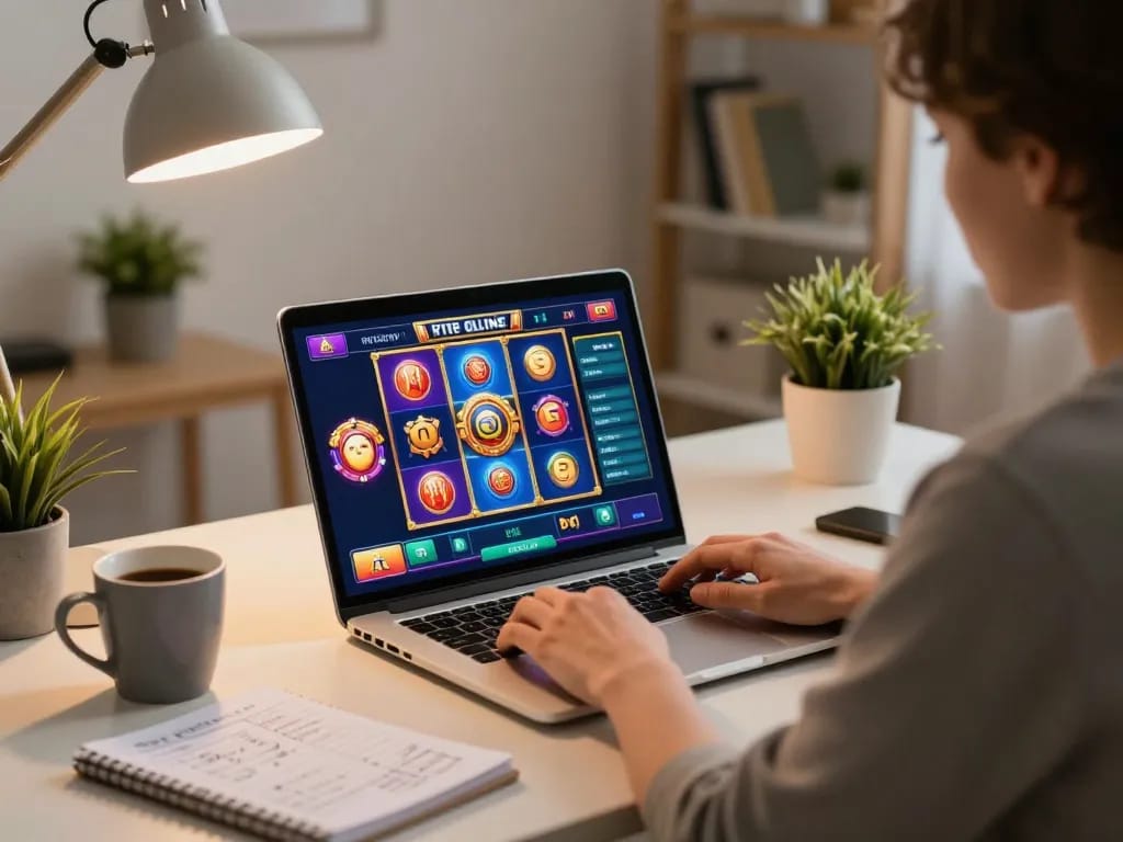 Player enjoying a thrilling slot online game on a laptop at home, featuring dynamic graphics and a cozy environment.
