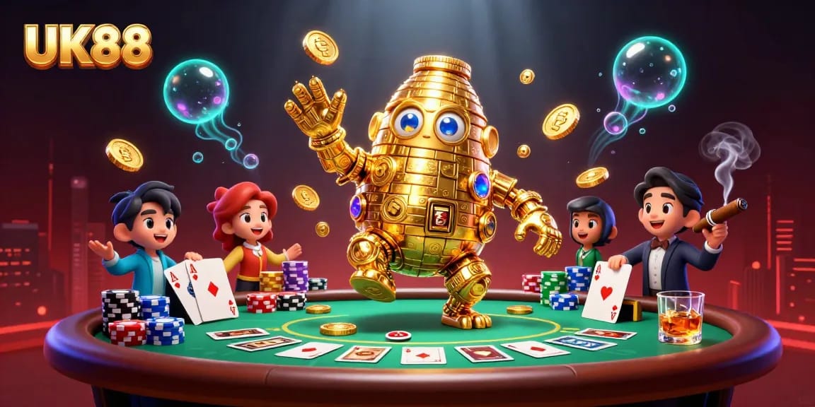 Experience thrilling poker action with UK88's vibrant 3D golden golem illustration.
