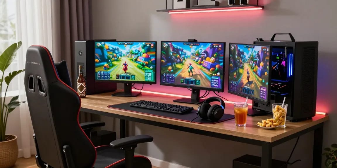 Lingkungan gaming mewah luxury111 dengan kursi gaming modern dan komputer canggih.