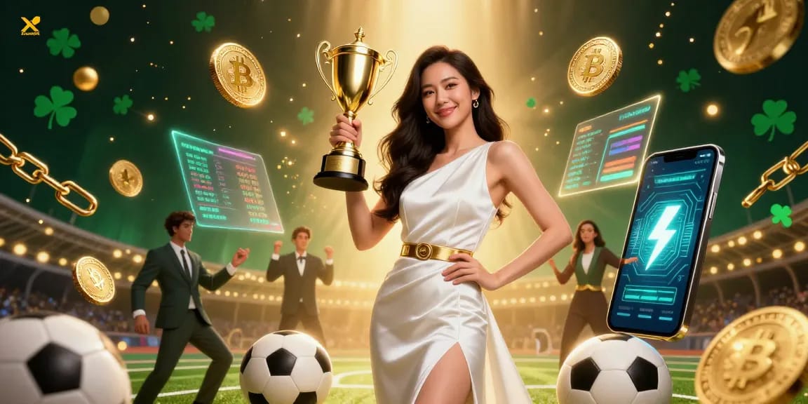Xoso66 showcases a victorious atmosphere with a stunning Asian woman in a luxurious gown holding a trophy, surrounded by dynamic sports betting elements.