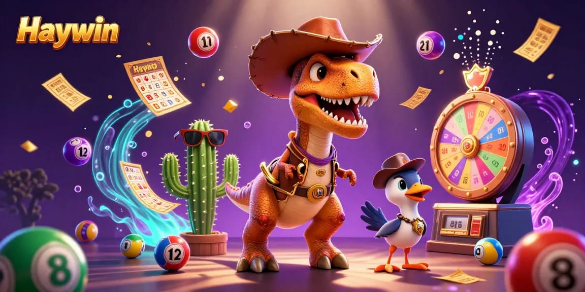 Haywin promotion featuring a dynamic scene with a T-Rex, cactus, and roadrunner engaging in lottery excitement.