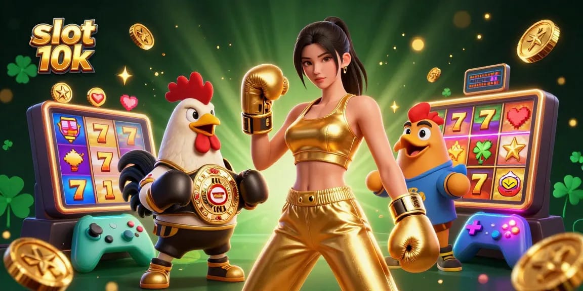 Spin the reels in style with slot 10k, featuring a powerful woman and cartoon rooster in a vibrant casino atmosphere.
