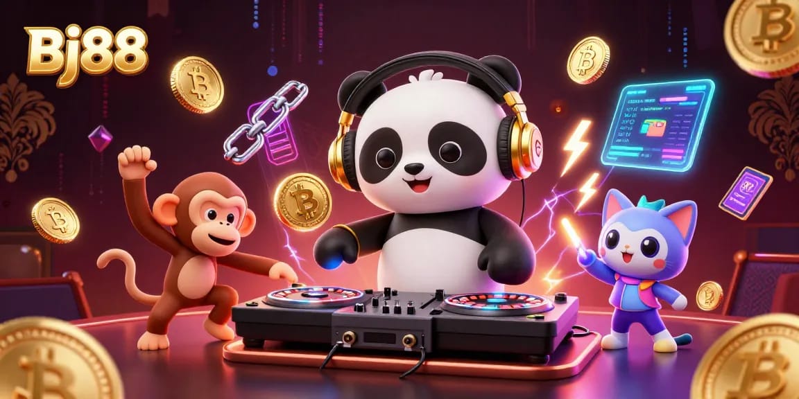 Bj88 marketing illustration showcasing casino excitement with a DJ panda and vibrant neon elements
