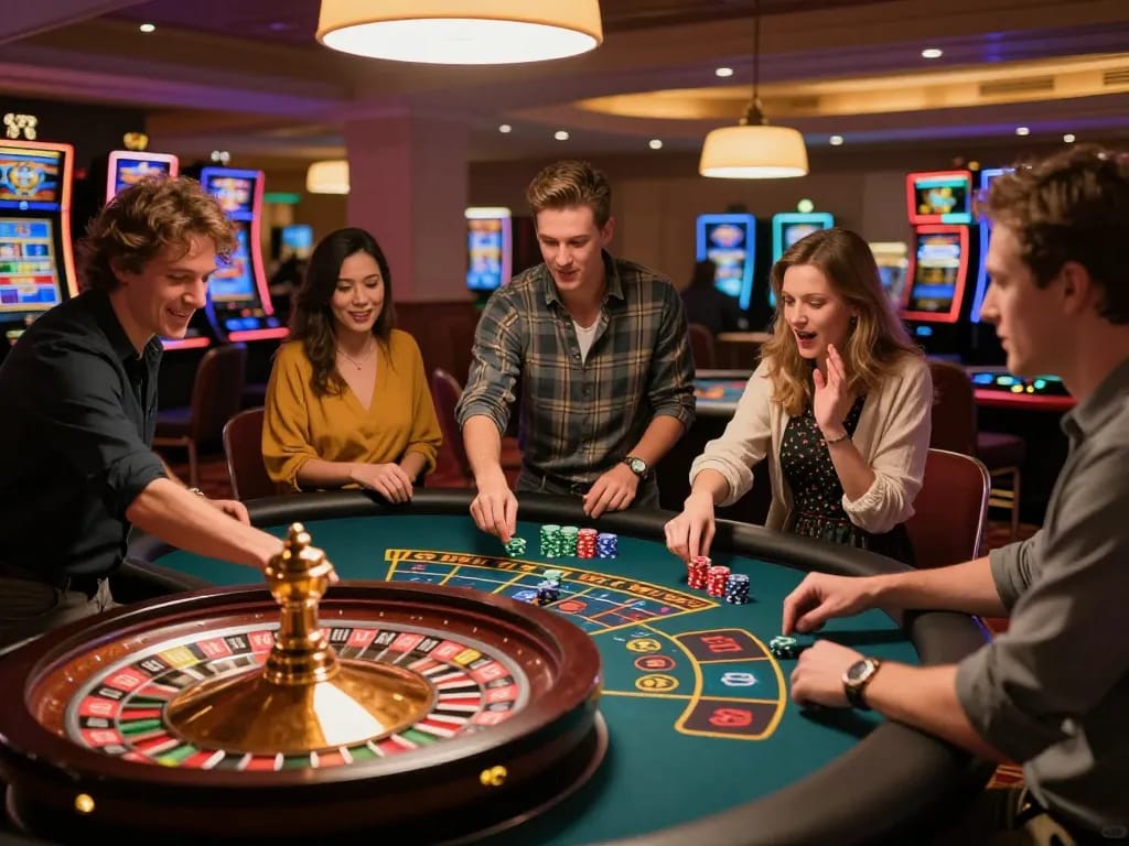 mm88 players enjoying a thrilling roulette game on the vibrant casino floor, chip bets highlighted