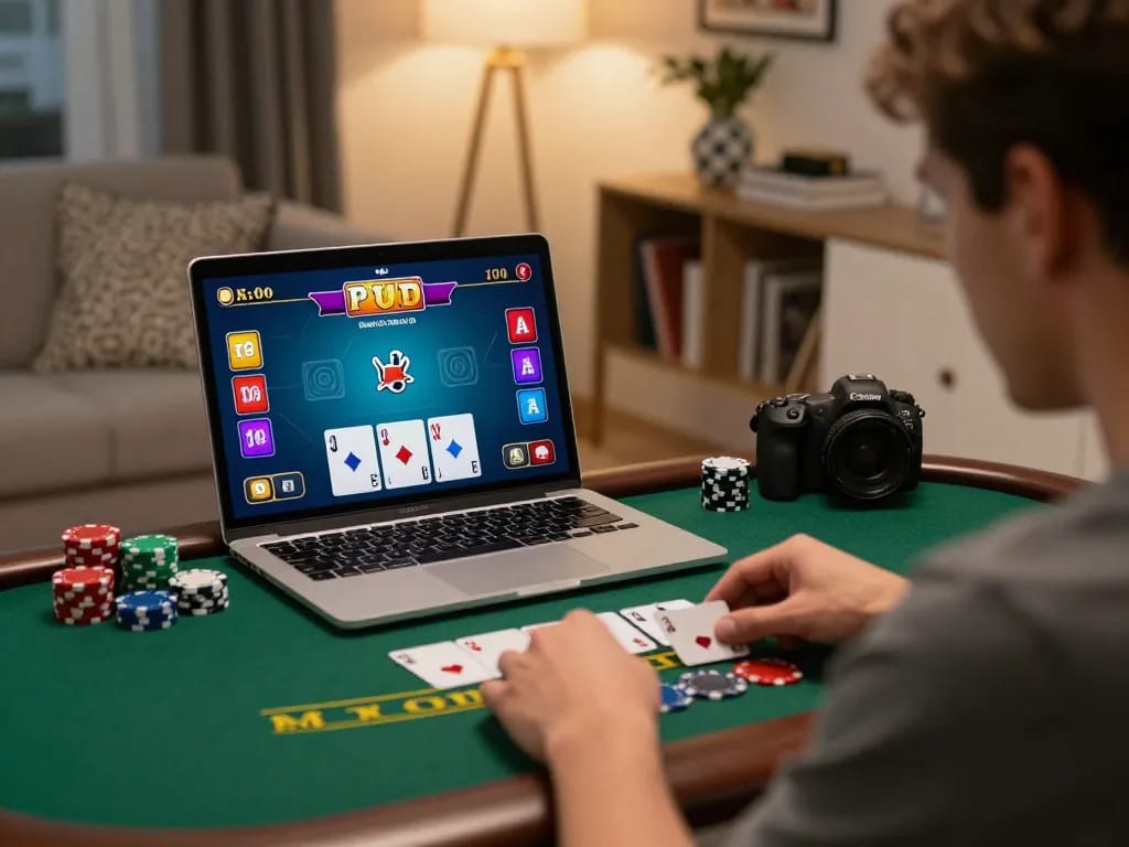 Player immersed in nk88 online blackjack gameplay from home, showcasing strategic betting.