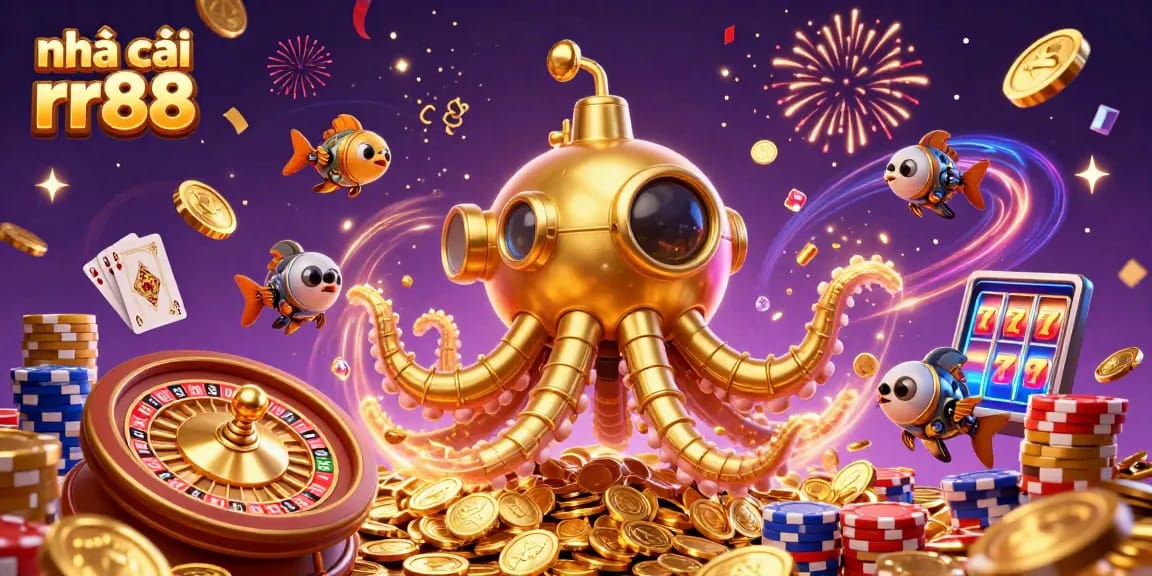 Engage with nhà cái rr88 as a golden kraken submarine navigates a sea of coins and casino elements.