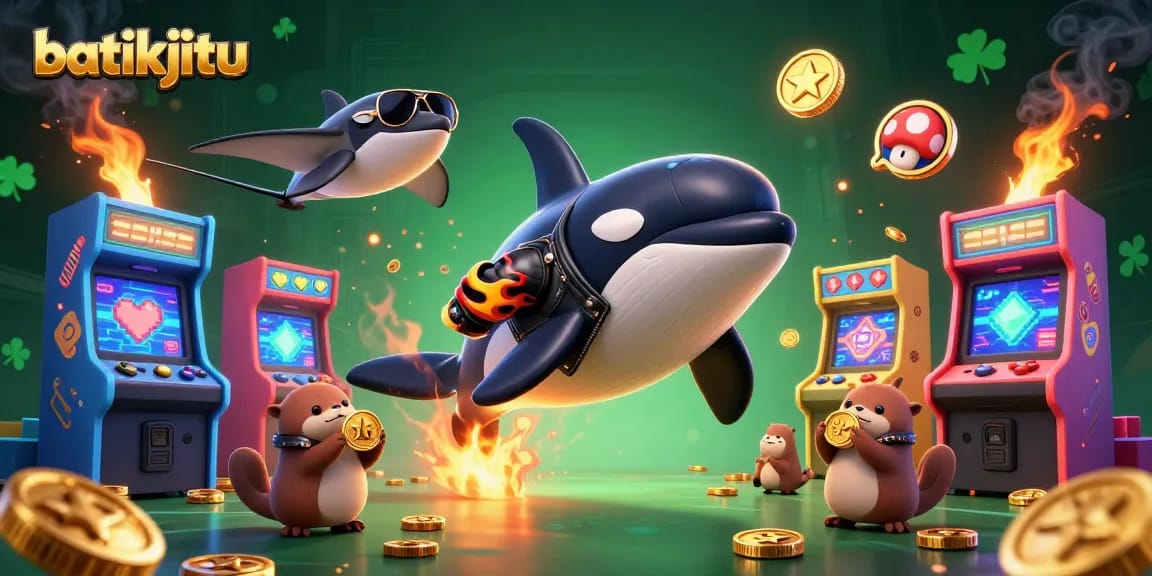 Batikjitu menghadirkan ilustrasi 3D menarik dengan ikan paus orca, ikan pari, dan berang-berang laut di suasana kasino yang ceria dan penuh energi.
