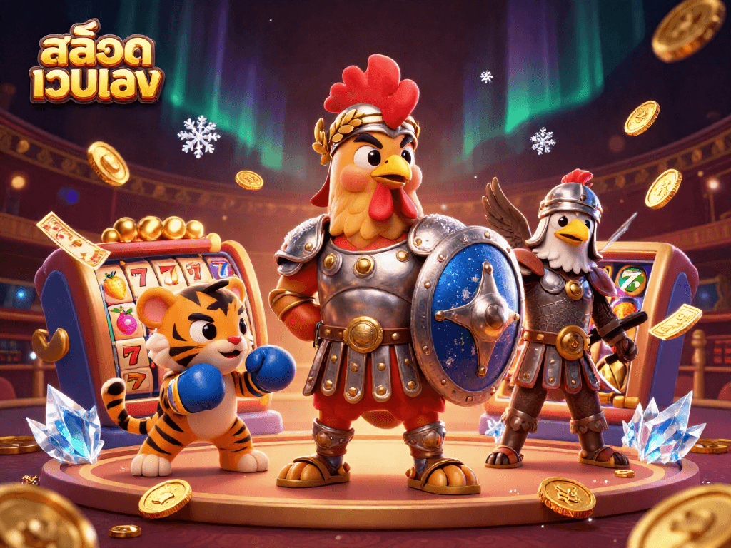 Engage in สล็อตเว็บตรง action with a dynamic scene featuring a gladiator rooster and casino elements.