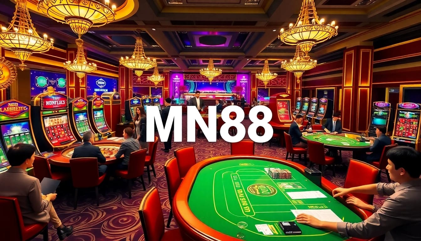 Engaged players enjoying their games at MN88 casino with vibrant tables and slot machines.