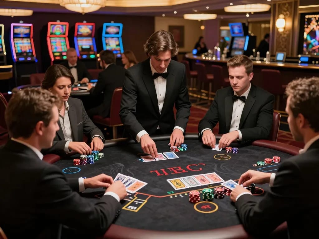 Players strategizing in a high-stakes blackjack game at VK88 casino table, capturing the thrill of gambling