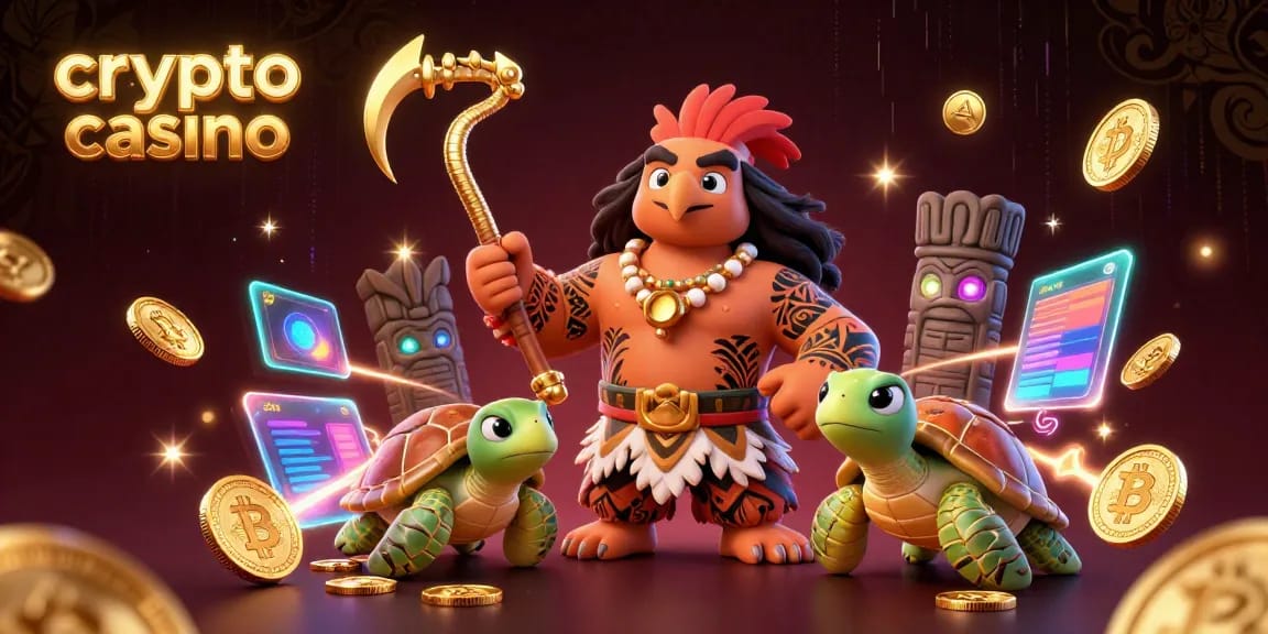 Engage with an energetic crypto casino scene featuring Polynesian characters, sports elements, and vibrant highlights.