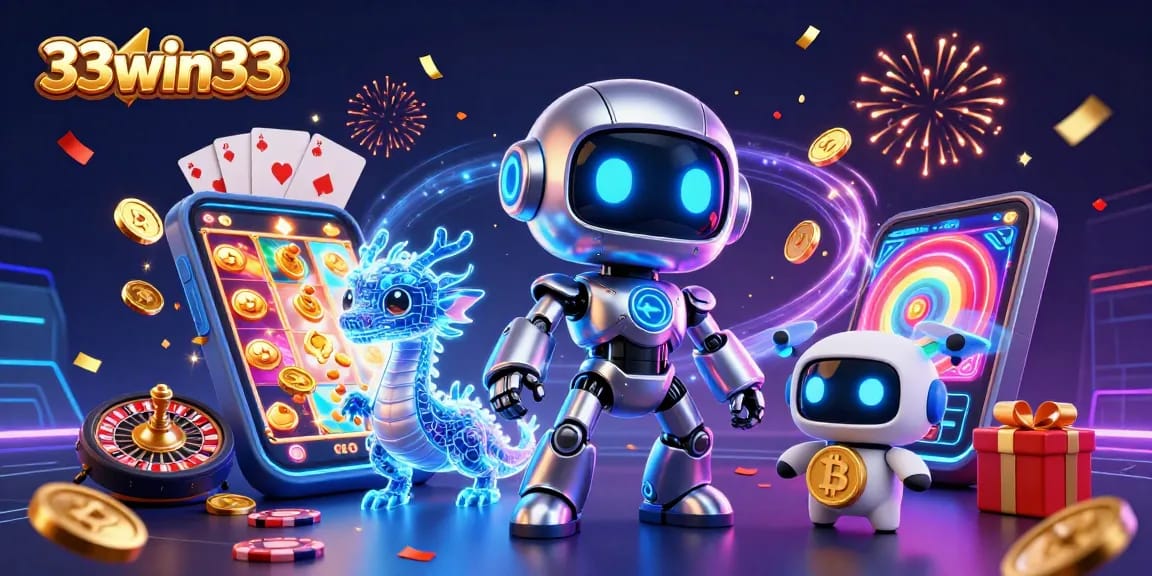 Engage with dynamic gaming at 33win33 featuring a cyberpunk mascot, bitcoin drone, and colorful casino elements.