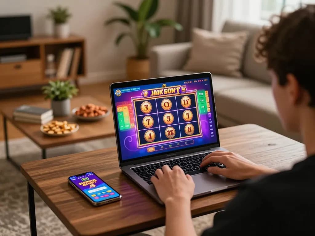 Engaging scene of online gaming with MM88 app on laptop, jackpot slot game displayed, cozy living room atmosphere.