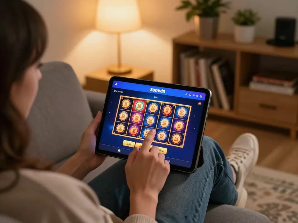 Experience the excitement of Sunwin online slots showcased on a tablet in a cozy living room setting.