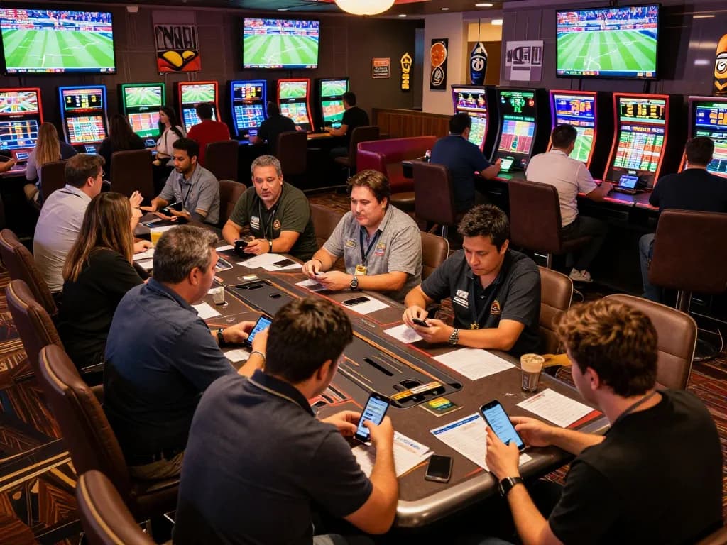 Exciting scene of sports betting with gamblers placing bets and reviewing odds at a busy casino