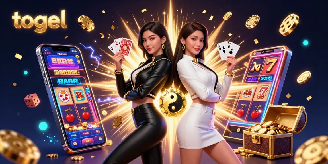 Experience an exciting togel scene with twin Asian women holding playing cards amidst a vibrant casino atmosphere.