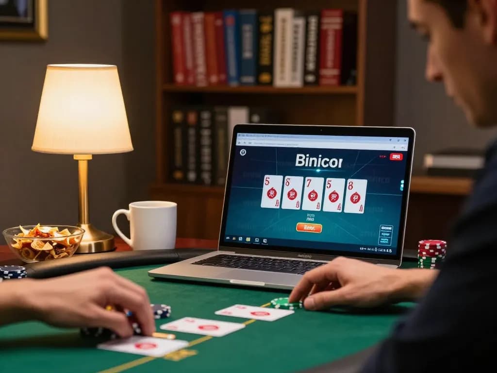 Rikvip player engaging in online poker with strategy notes and chips organized on the table