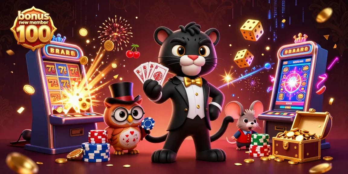 Engage with the thrilling bonus new member 100 offer featuring a tuxedo panther and casino elements.