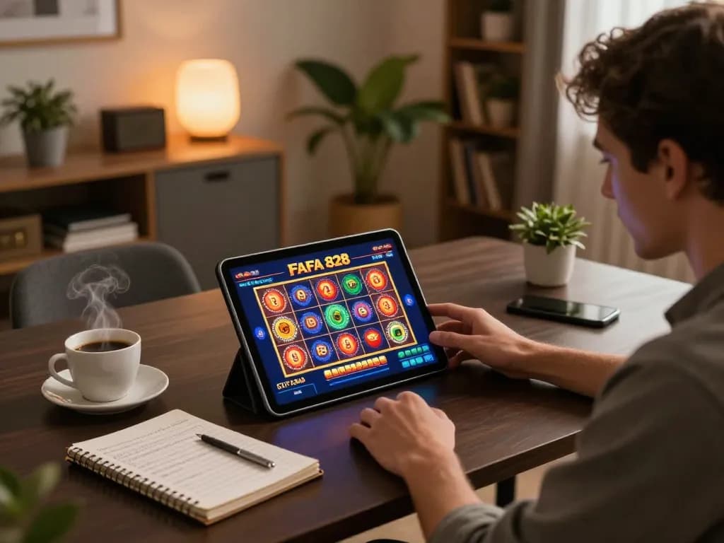 Player enjoying FAFA 828 slots on tablet in cozy home environment, showcasing excitement in online gambling.