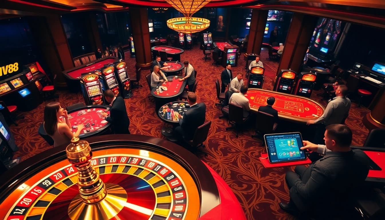 Players enjoy MV88 sports betting at a luxurious casino, showcasing excitement and engagement.