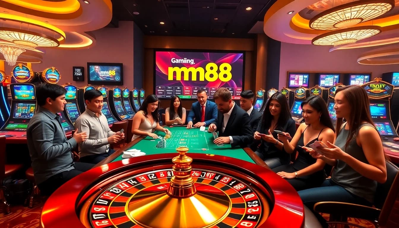 Experience high-stakes gaming at mm88 with engaging roulette and poker tables in a luxurious setting.