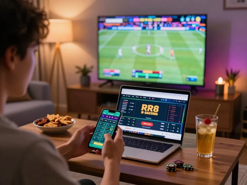 Engaging in online sports betting with RR88, placing bets while enjoying a live game in a cozy home setting.