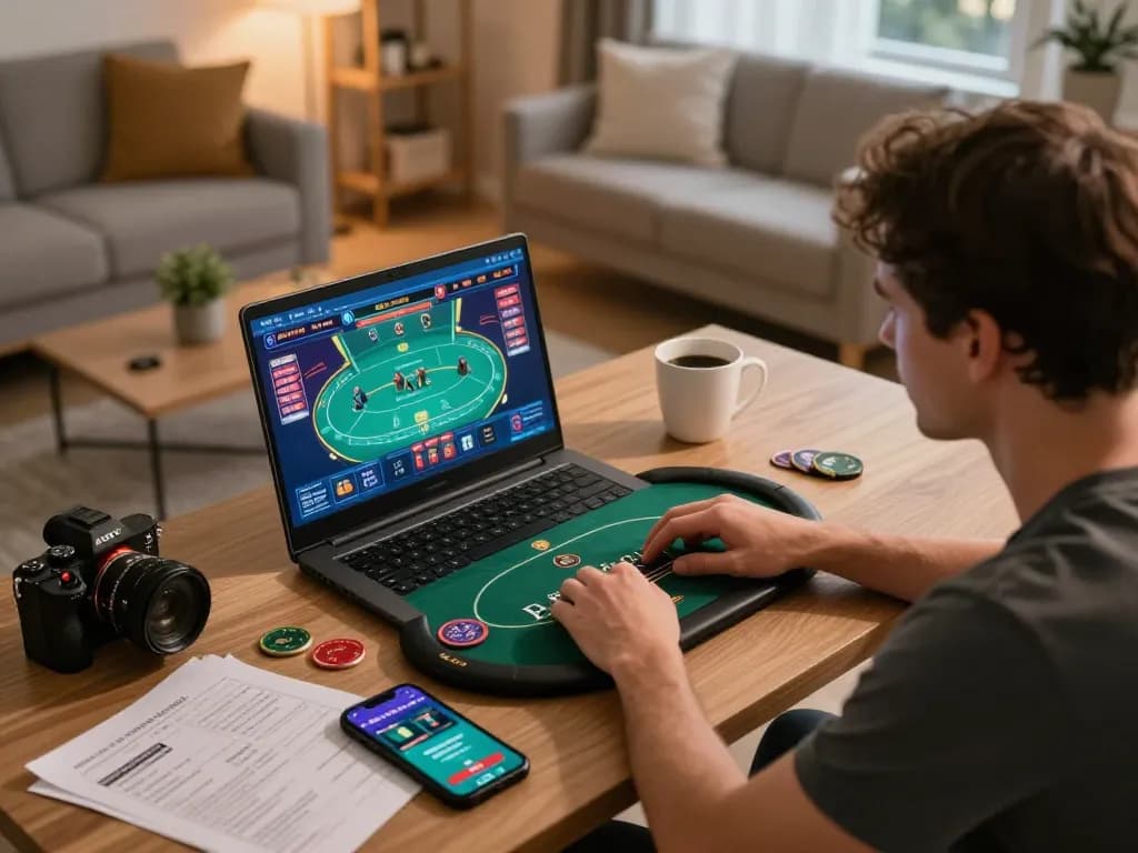 Engaged player enjoying kp88 online poker with strategy notes and warm lighting in a cozy home setting