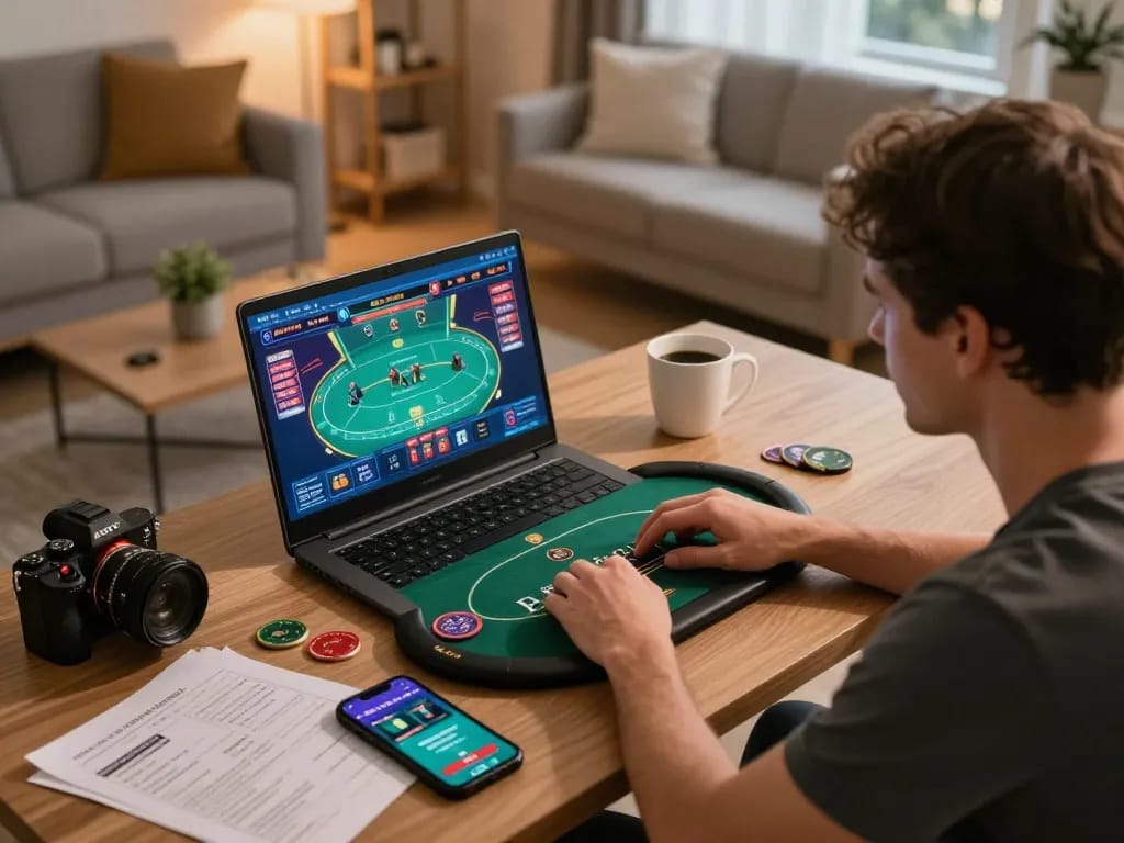 Engaged player enjoying kp88 online poker with strategy notes and warm lighting in a cozy home setting