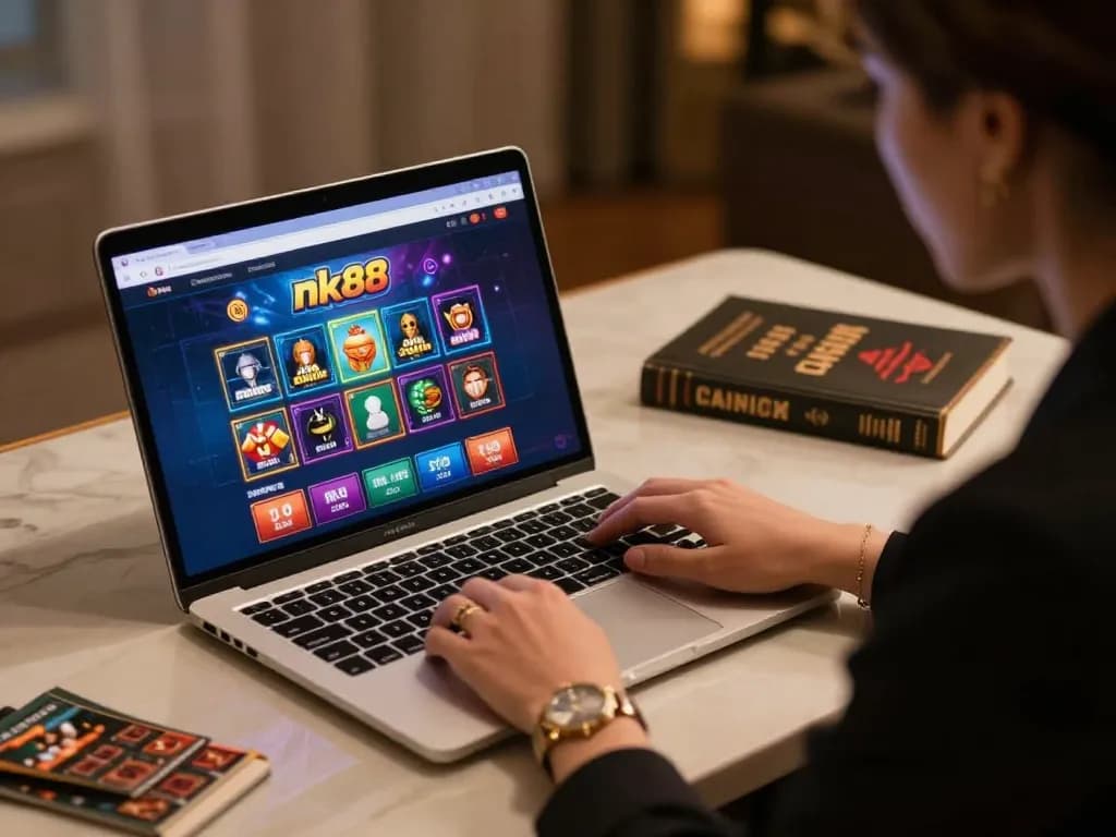 Engaging online gaming at nk88 with vibrant interface showcased on a stylish laptop.