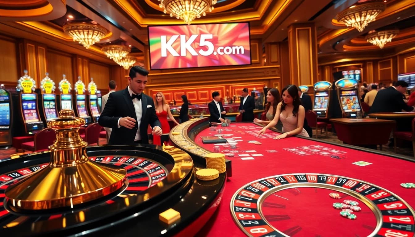 Engaging scene at KK55.com casino with vibrant tables, roulette wheel, and slot machines.