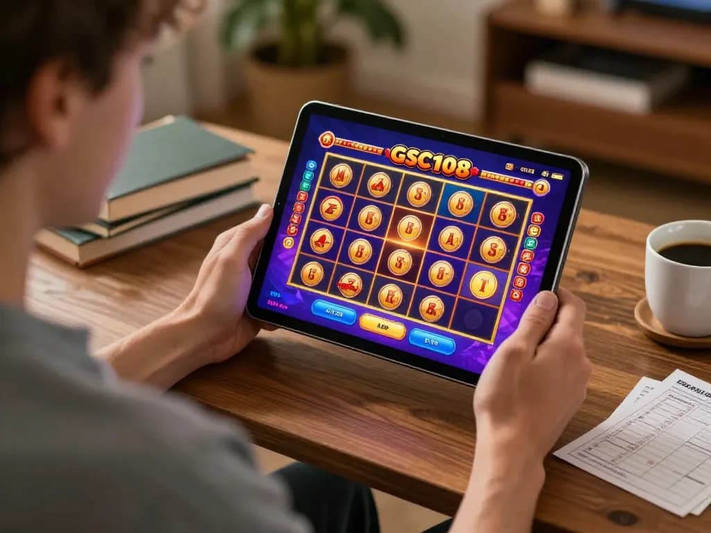 Pemain yang terlibat menikmati slot Gsc108 di tablet dalam suasana rumah yang nyaman.