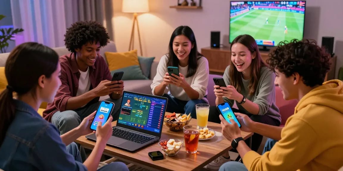 Engaged friends enjoying 3Patti Loot app on smartphones in cozy living room, showcasing fun and social gaming experience to get app.