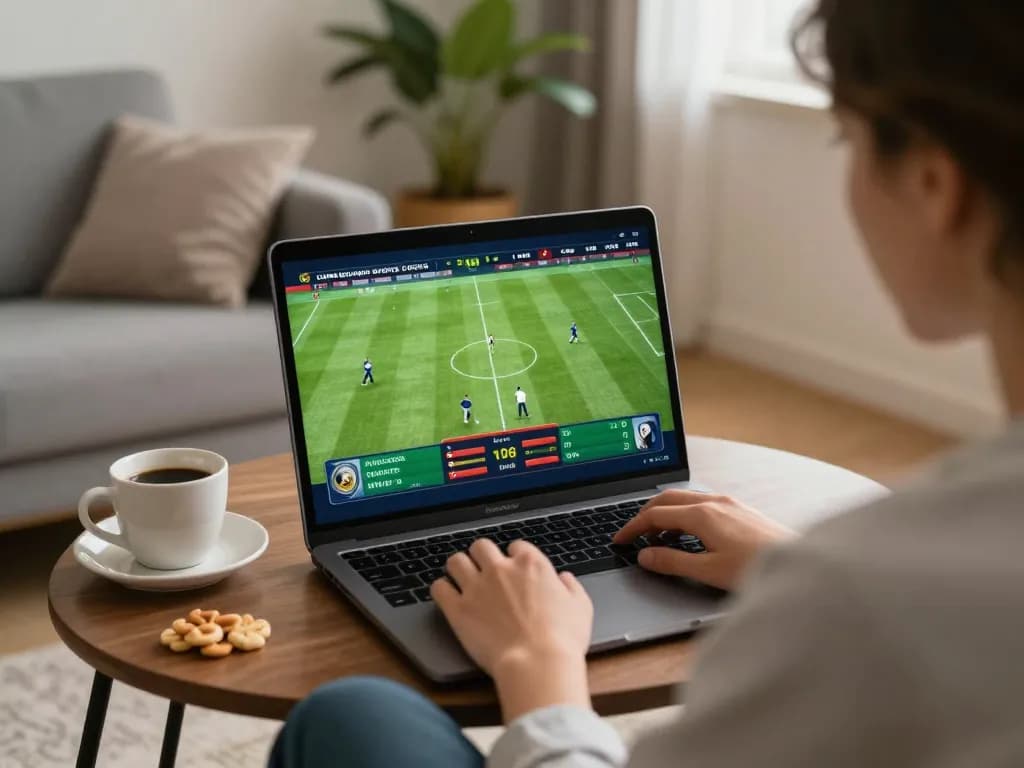 Engaging in goal123 sports betting from home while watching live games on laptop.