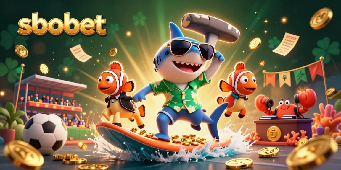 Experience sbobet betting excitement with a vibrant scene of dynamic characters and sports elements.