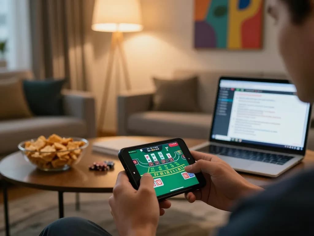 Go8 player using a smartphone for live dealer blackjack in a stylish home setting