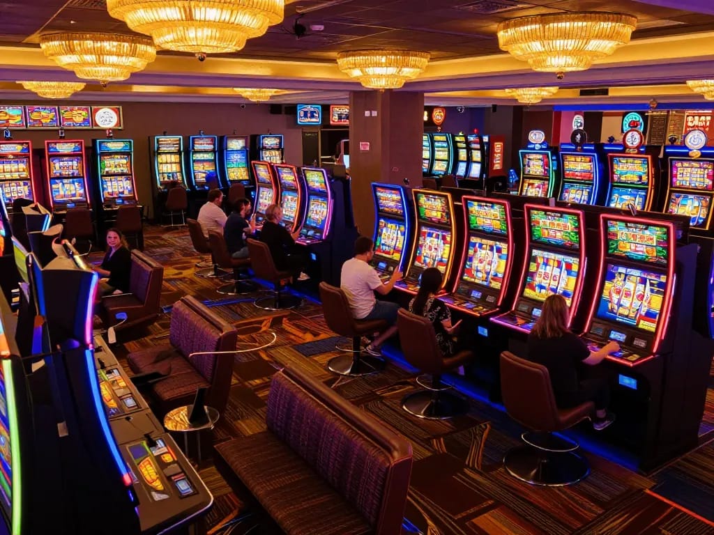 Players enjoying the excitement of 88pulsa slot games in a vibrant casino environment, spinning reels and celebrating wins.