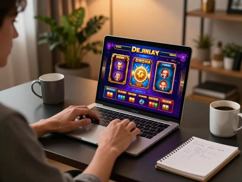 Planet88 user engaging in online slot gaming while tracking strategy notes