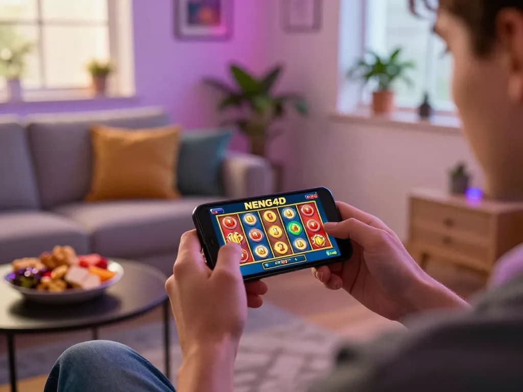 Engaged player using NENG4D casino app on smartphone in a cozy living room setting.