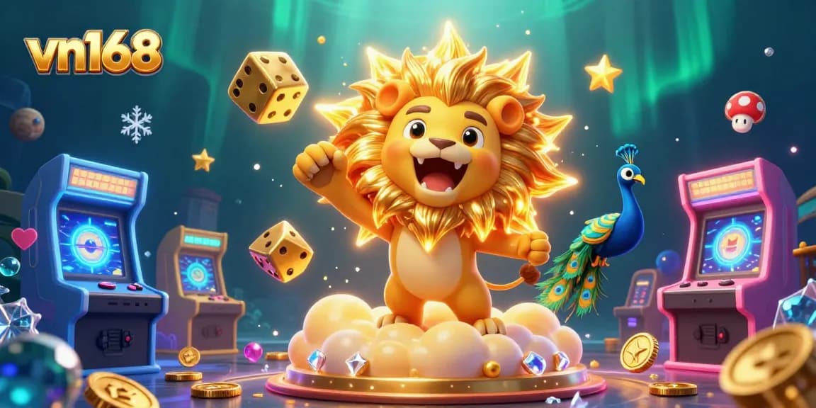 Engage with vn168's thrilling games as a lion roars in casino-themed adventure.